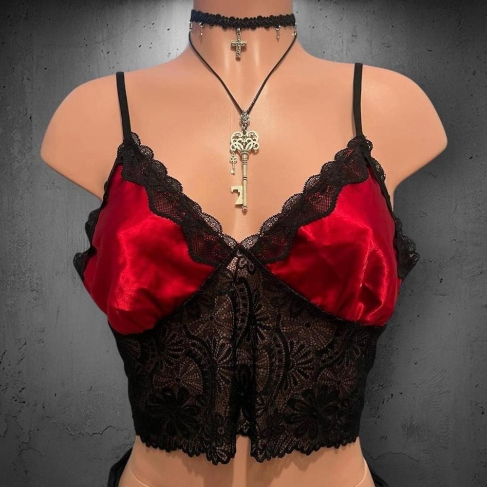 Red Satin Black Floral Lace Cropped Bralette Top
